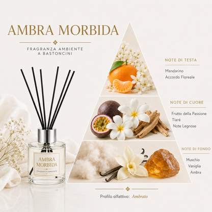 Diffusore ambiente a bastoncini Ambra Morbida con note di mandarino, tiaré, vaniglia e ambra