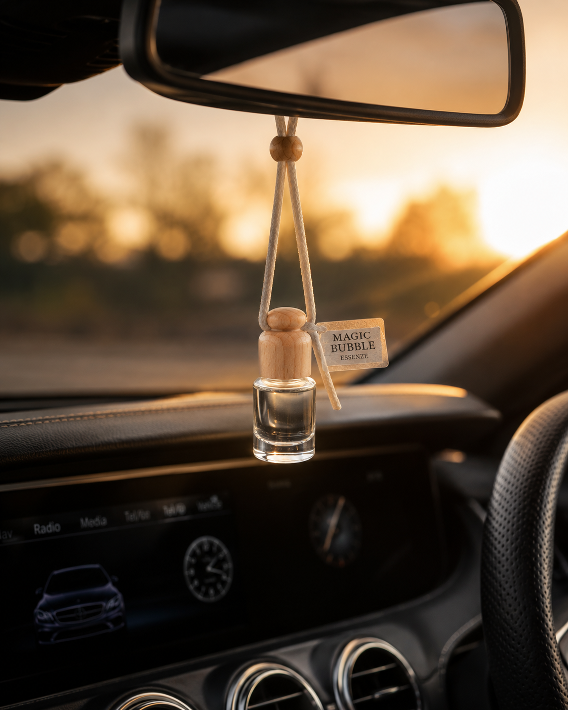 profumo auto Magic Bubble Ocean 7 ml appeso allo specchietto retrovisore per una freschezza marina in auto.